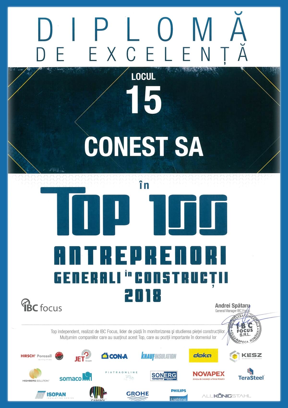 Locul 15 Top 100 Antreprenori 2018 — CONEST