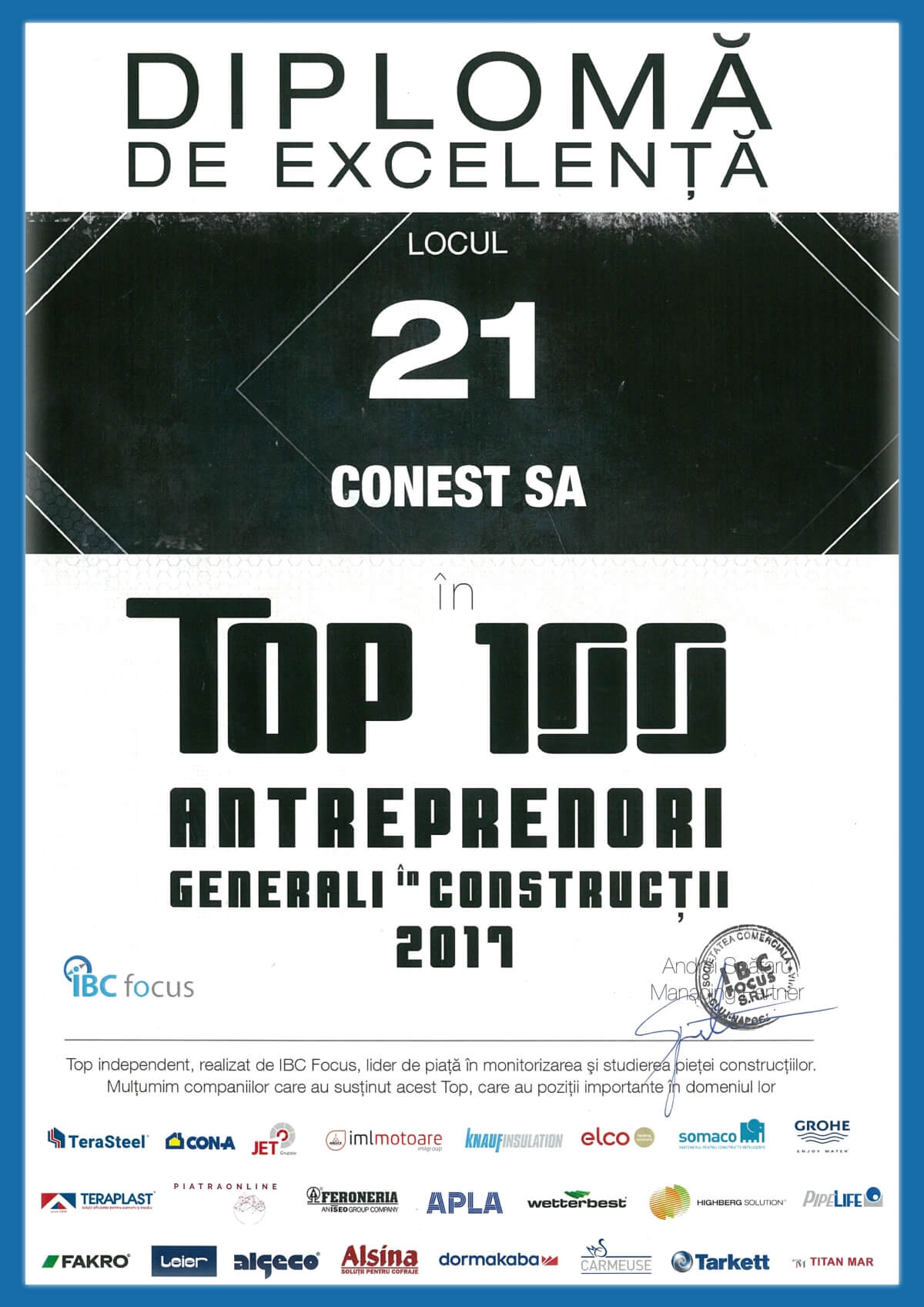 Locul 21 Top 100 Antreprenori 2017 — CONEST